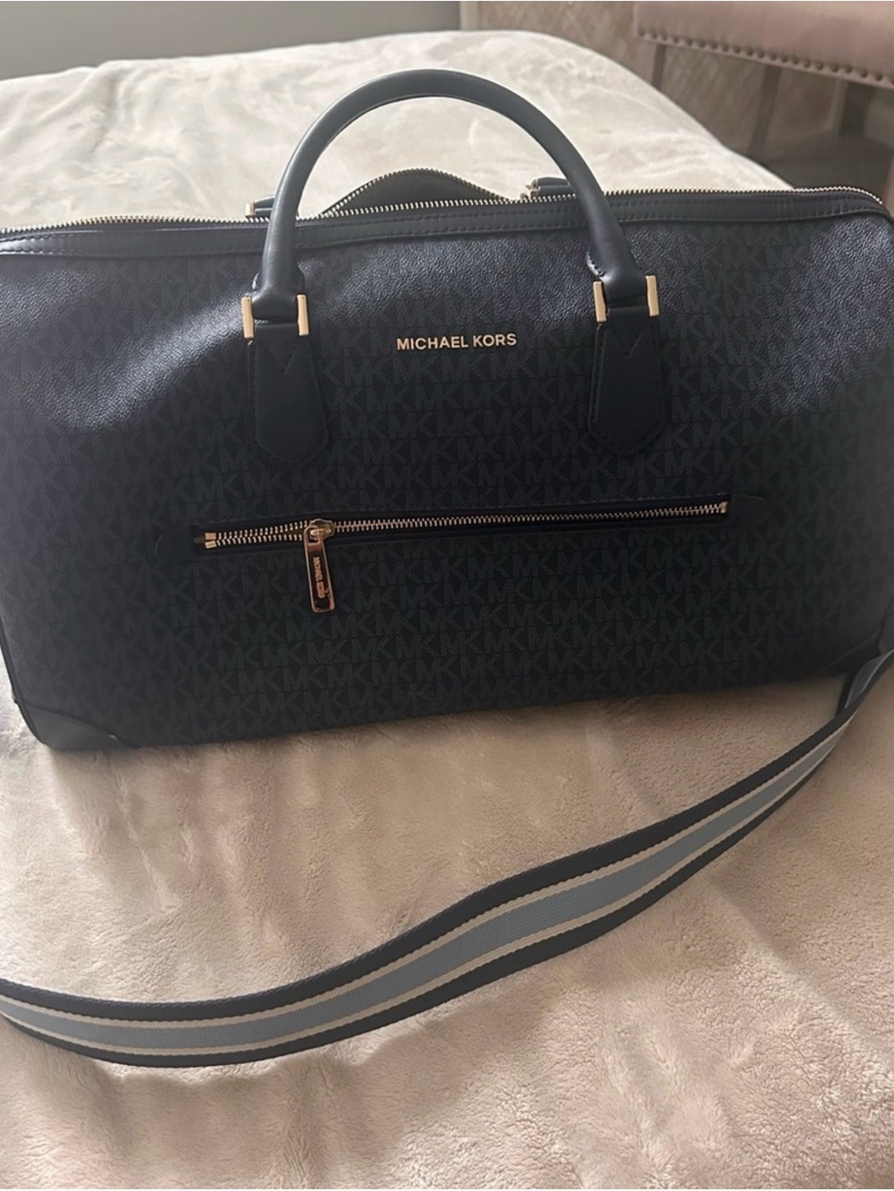 Michael Kors Black Monogram Duffel with Striped Shoulder Strap